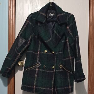 Fresh Women's Plaid Pea Coat - Green and Black